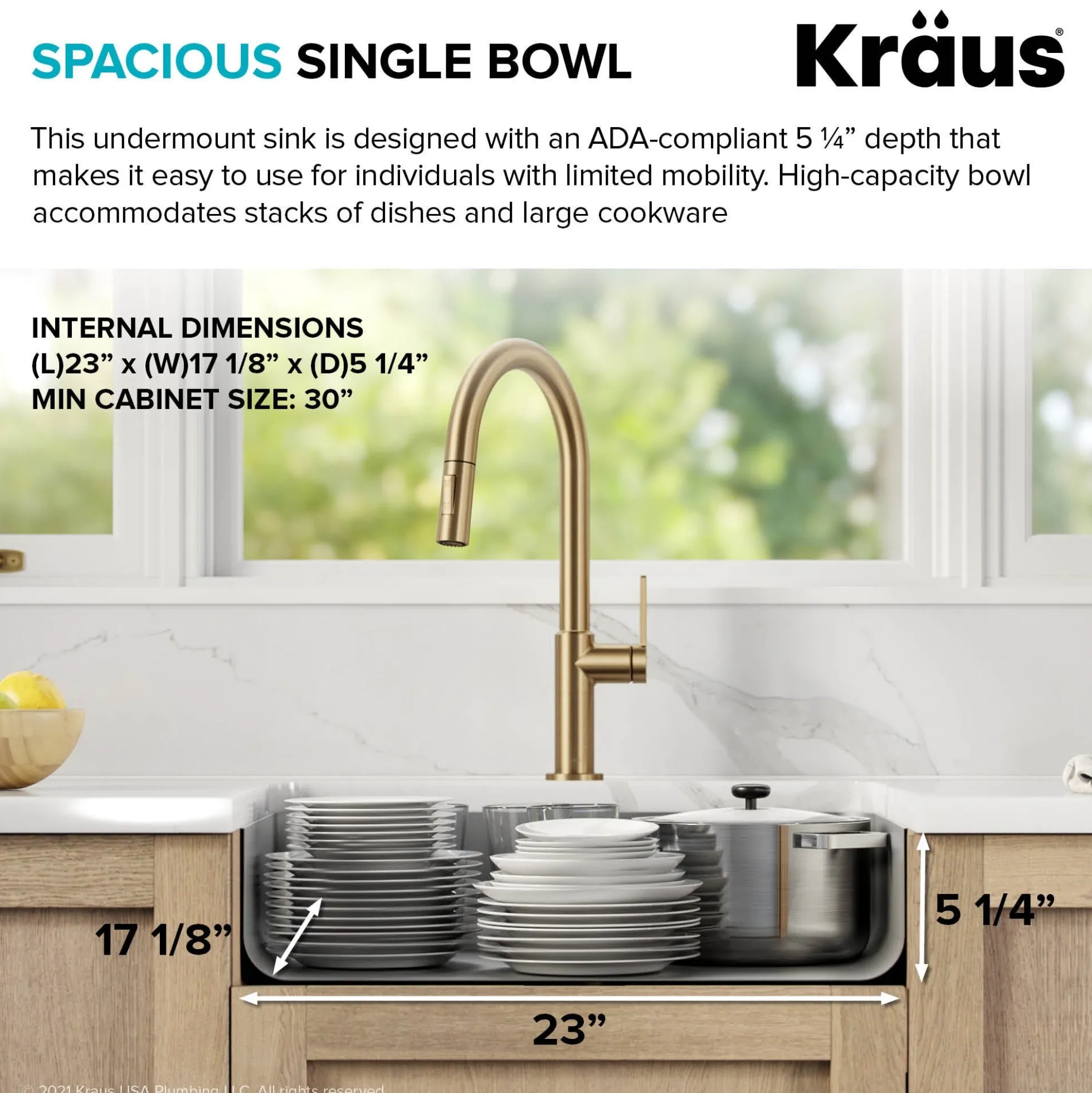 25" Undermount 16 Gauge Stainless Steel Single Bowl ADA Kitchen Sink