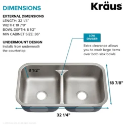 32” Undermount 18 Gauge Stainless Steel 50/50 Double Bowl Kitchen Sink (Builder Pack of 3)