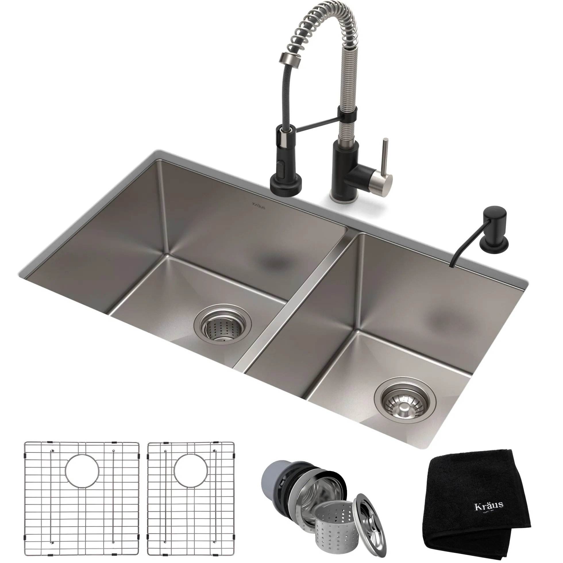 33" Undermount Kitchen Sink w/ Bolden Commercial Pull-Down Faucet and Soap Dispenser in Stainless Steel/Matte Black