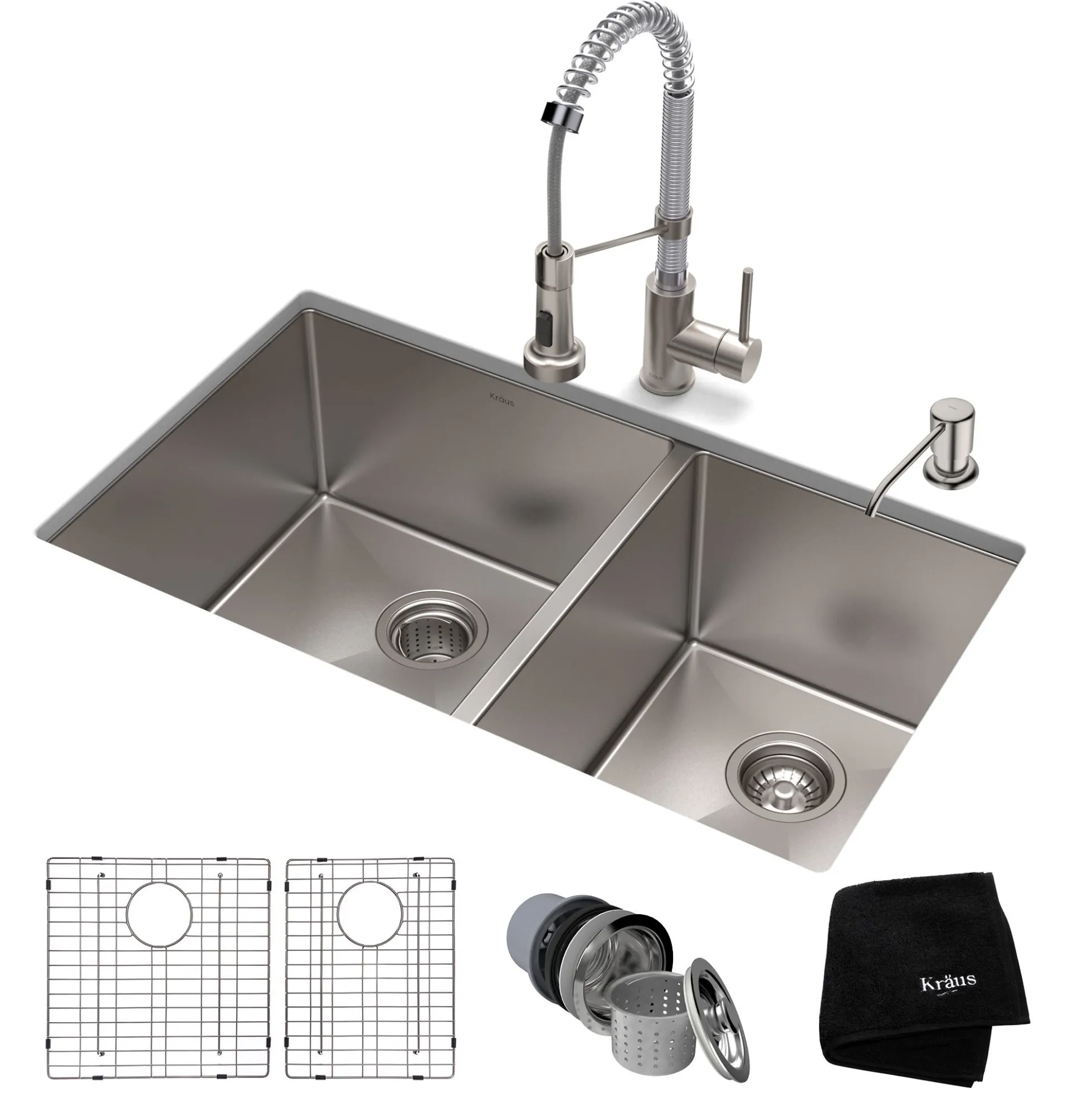 33" Undermount Kitchen Sink w/ Bolden Commercial Pull-Down Faucet and Soap Dispenser in Stainless Steel/Chrome