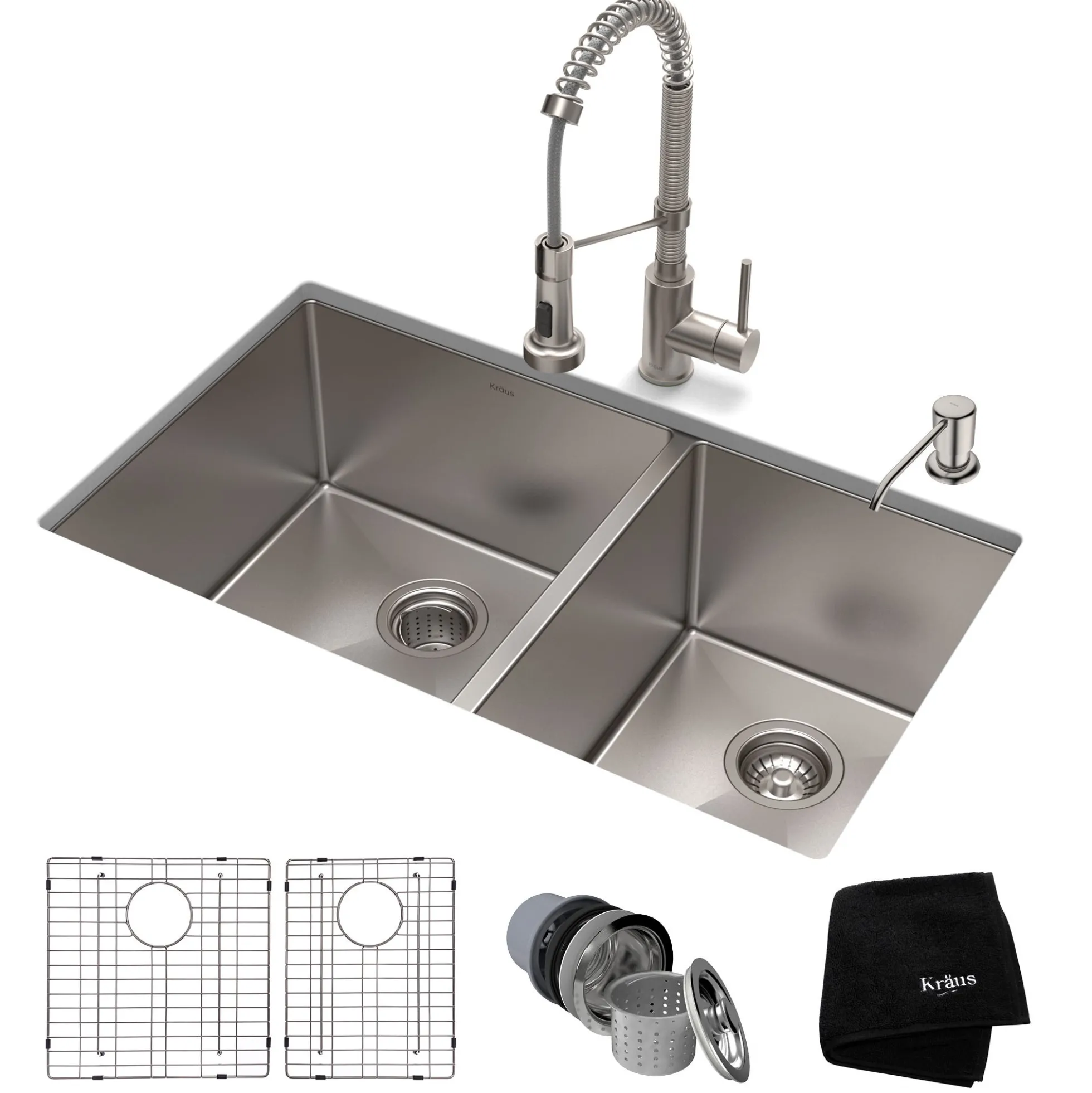 33" Undermount Kitchen Sink w/ Bolden Commercial Pull-Down Faucet and Soap Dispenser in Stainless Steel