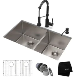 33" Undermount Kitchen Sink w/ Bolden Commercial Pull-Down Faucet and Soap Dispenser in Matte Black