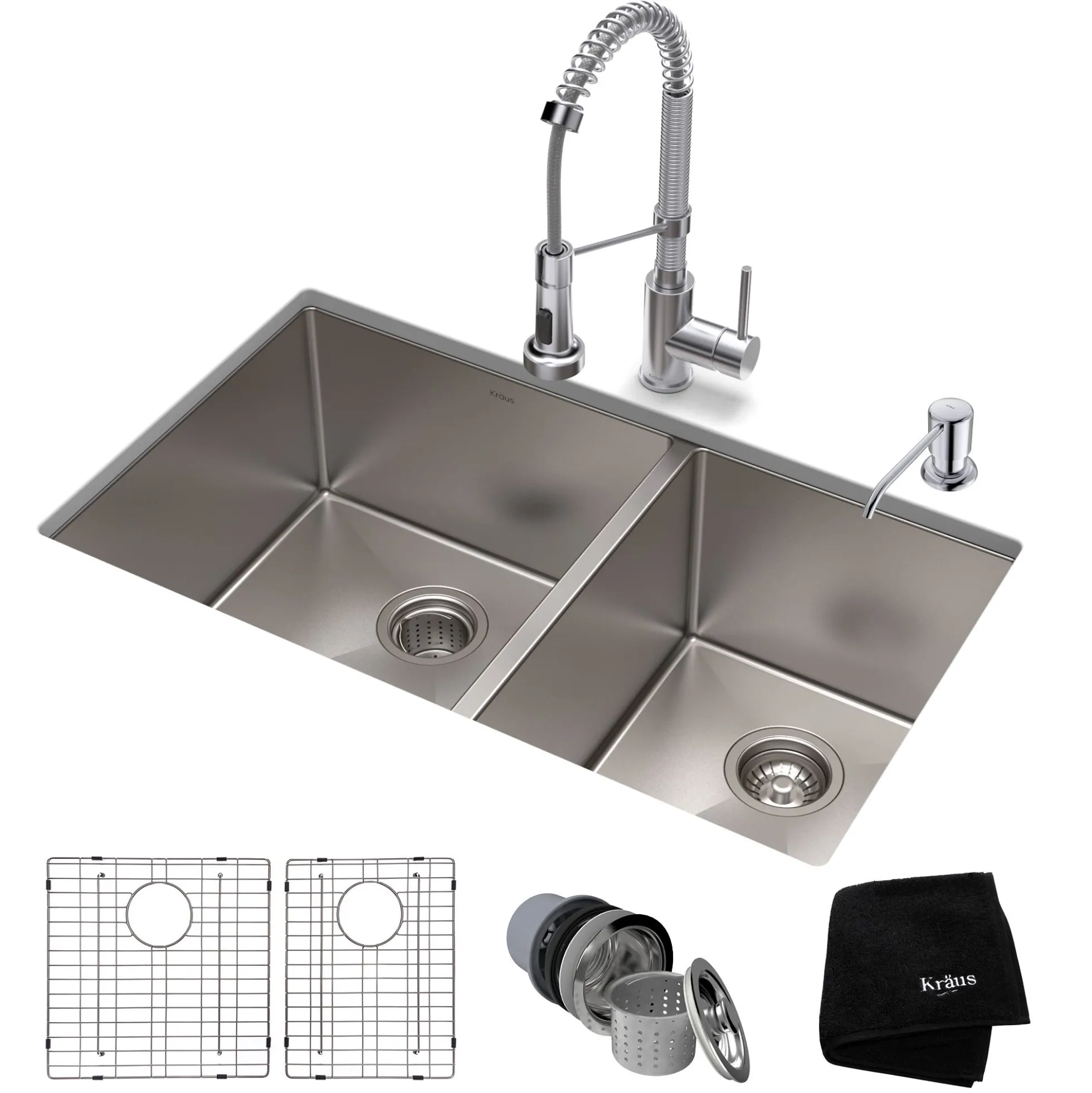 33" Undermount Kitchen Sink w/ Bolden Commercial Pull-Down Faucet and Soap Dispenser in Chrome