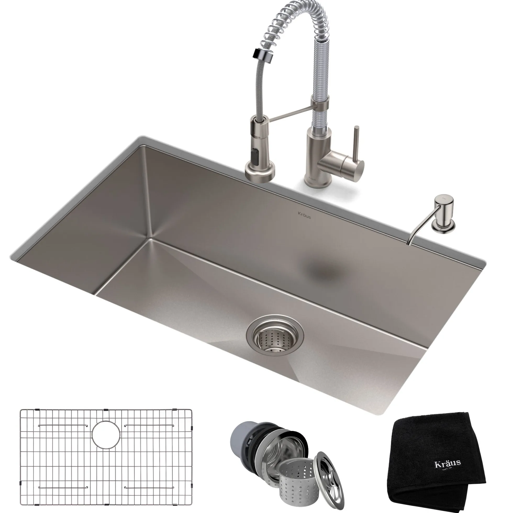 32" Undermount Kitchen Sink w/ Bolden Commercial Pull-Down Faucet and Soap Dispenser in Stainless Steel/Chrome