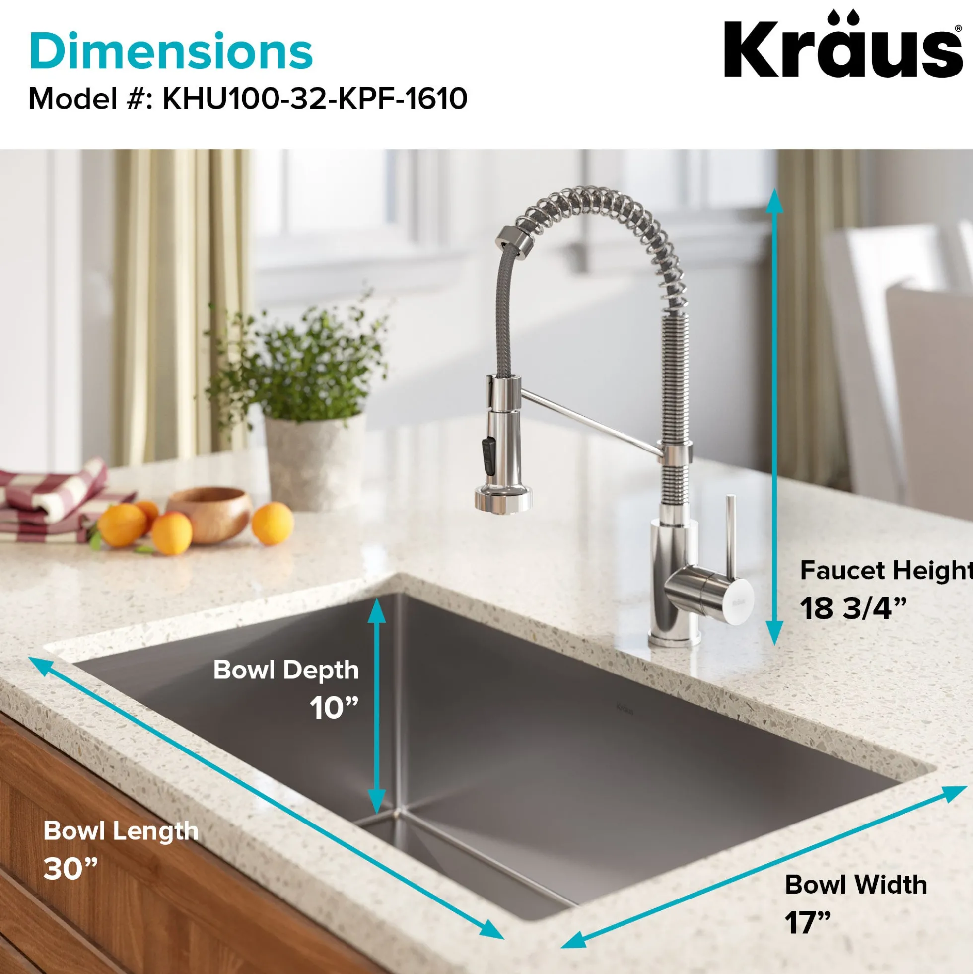 32" Undermount Kitchen Sink w/ Bolden Commercial Pull-Down Faucet and Soap Dispenser in Stainless Steel/Chrome