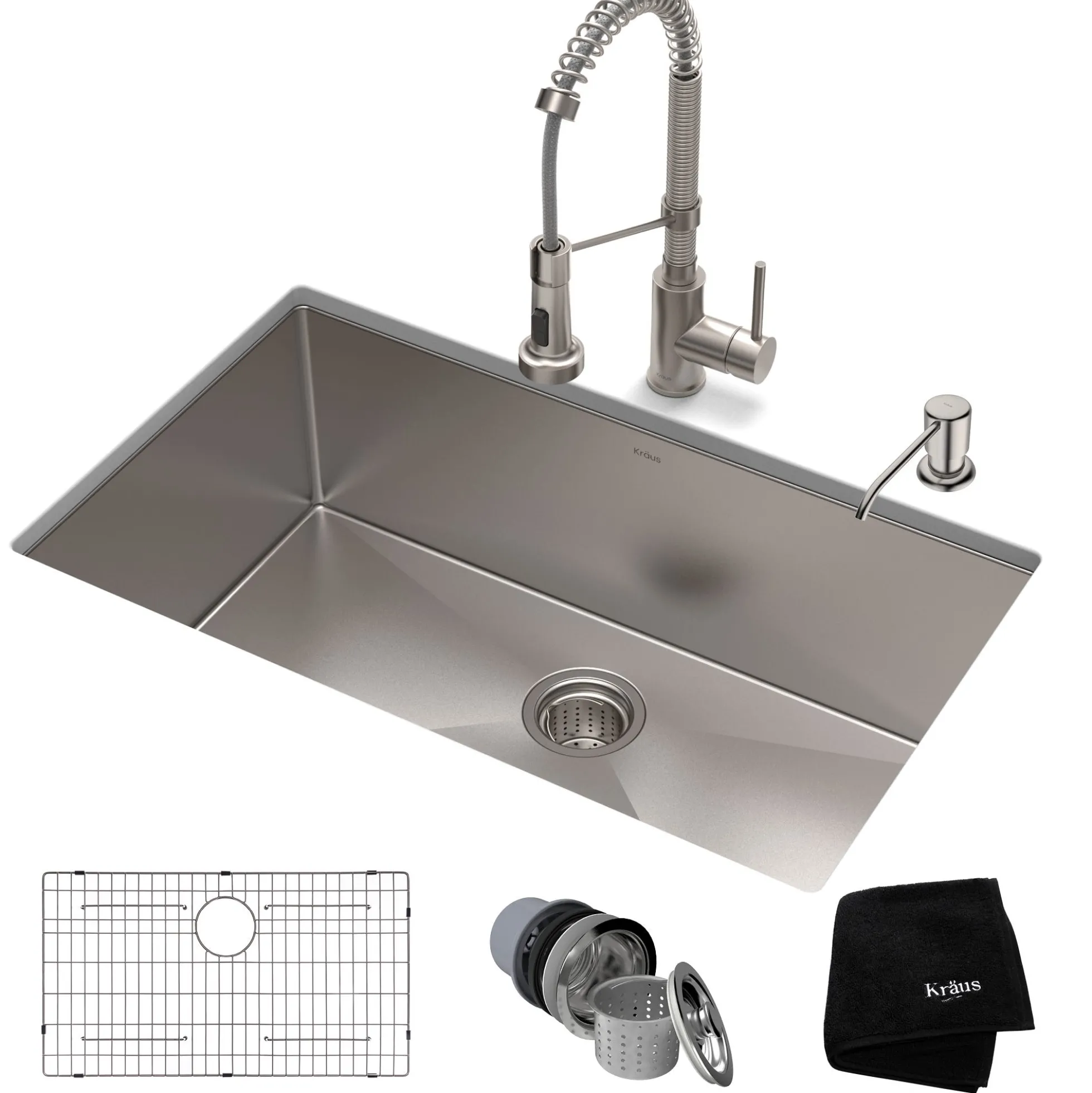 32" Undermount Kitchen Sink w/ Bolden Commercial Pull-Down Faucet and Soap Dispenser in Stainless Steel