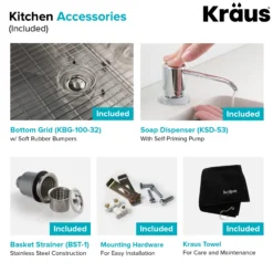 32" Undermount Kitchen Sink w/ Bolden Commercial Pull-Down Faucet and Soap Dispenser in Chrome