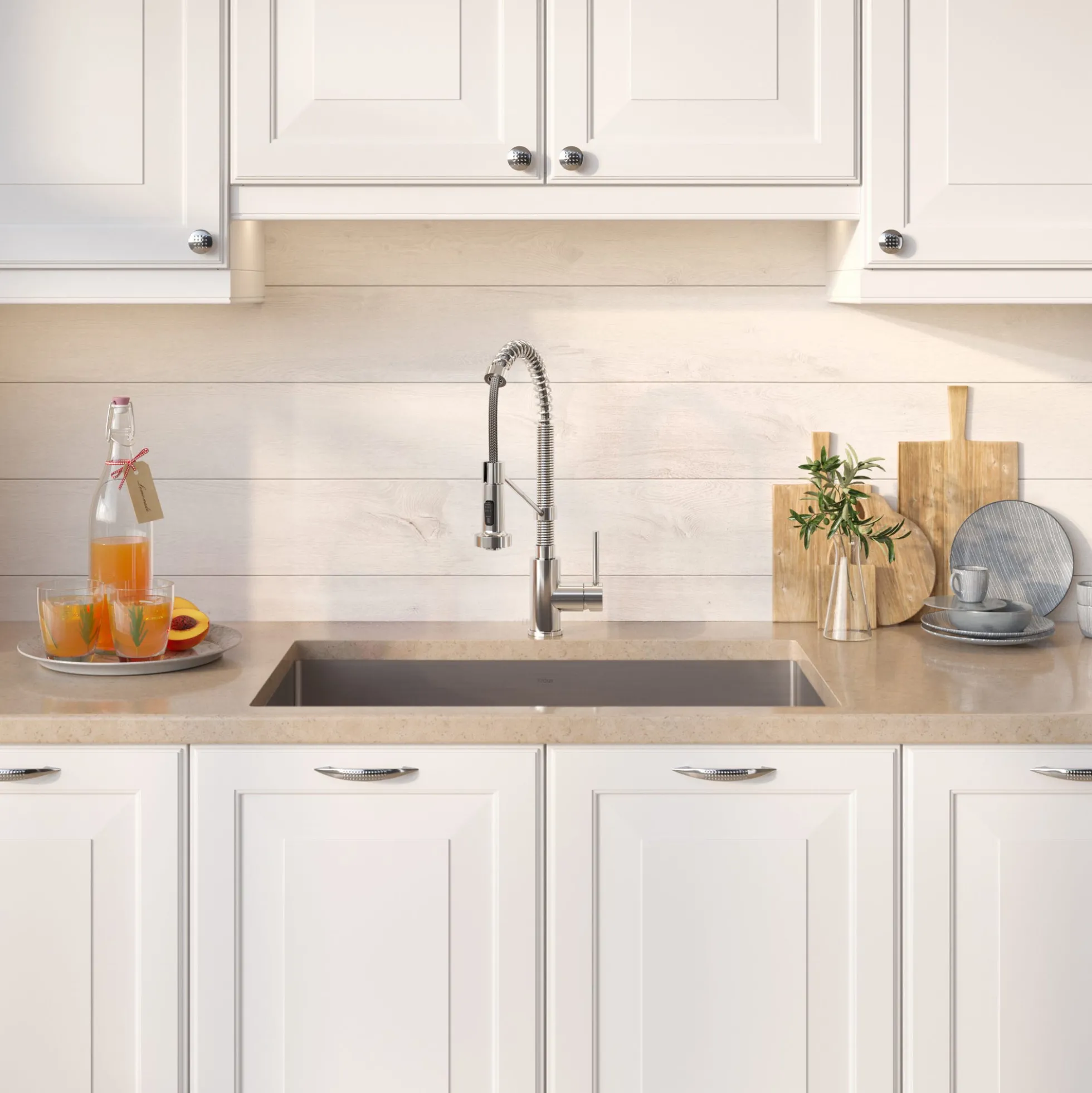 32" Undermount Kitchen Sink w/ Bolden Commercial Pull-Down Faucet and Soap Dispenser in Chrome