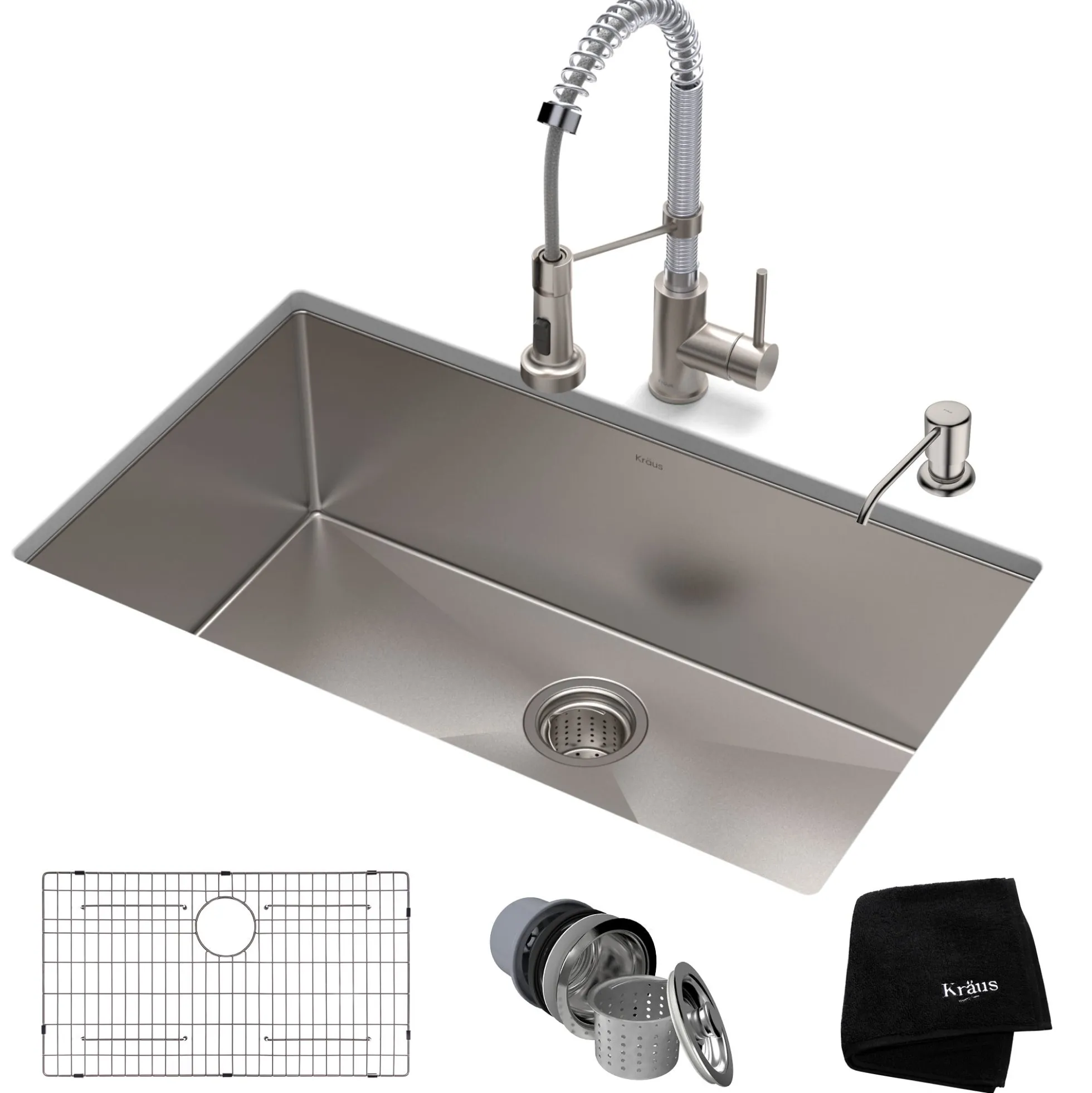 30" Undermount Kitchen Sink w/ Bolden Commercial Pull-Down Faucet and Soap Dispenser in Stainless Steel/Chrome