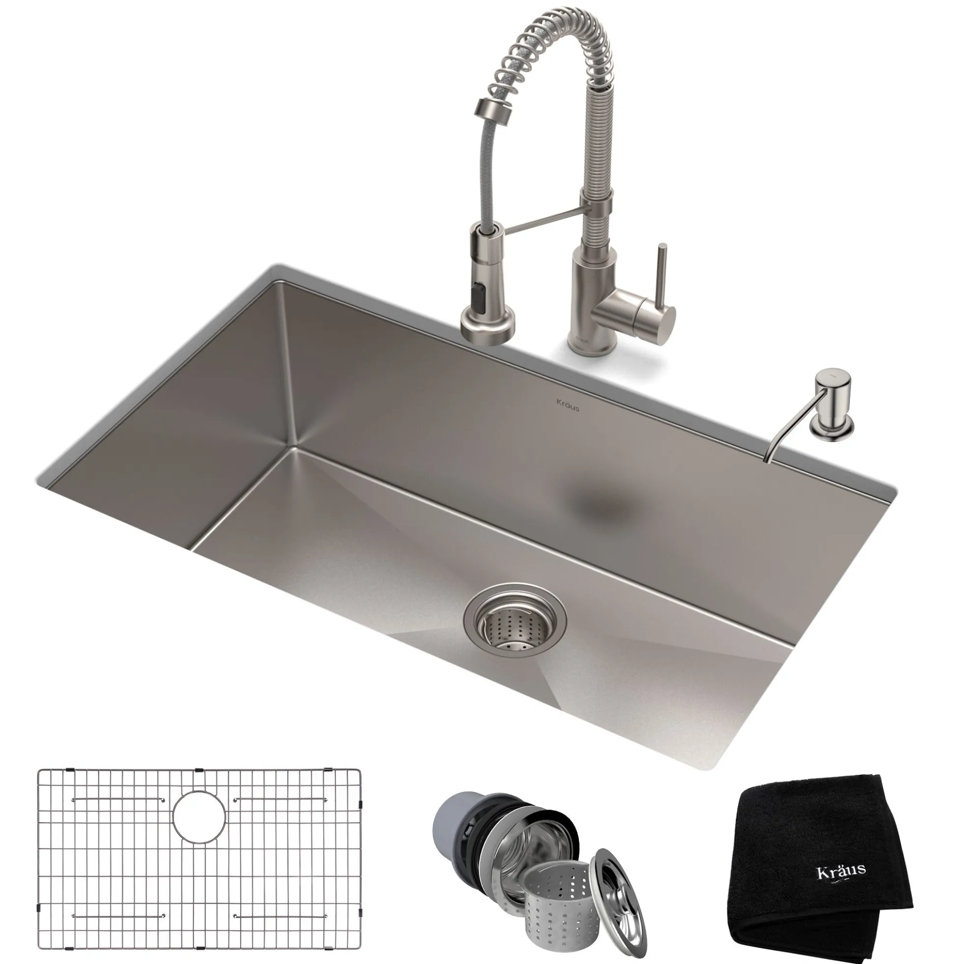 30" Undermount Kitchen Sink w/ Bolden Commercial Pull-Down Faucet and Soap Dispenser in Stainless Steel