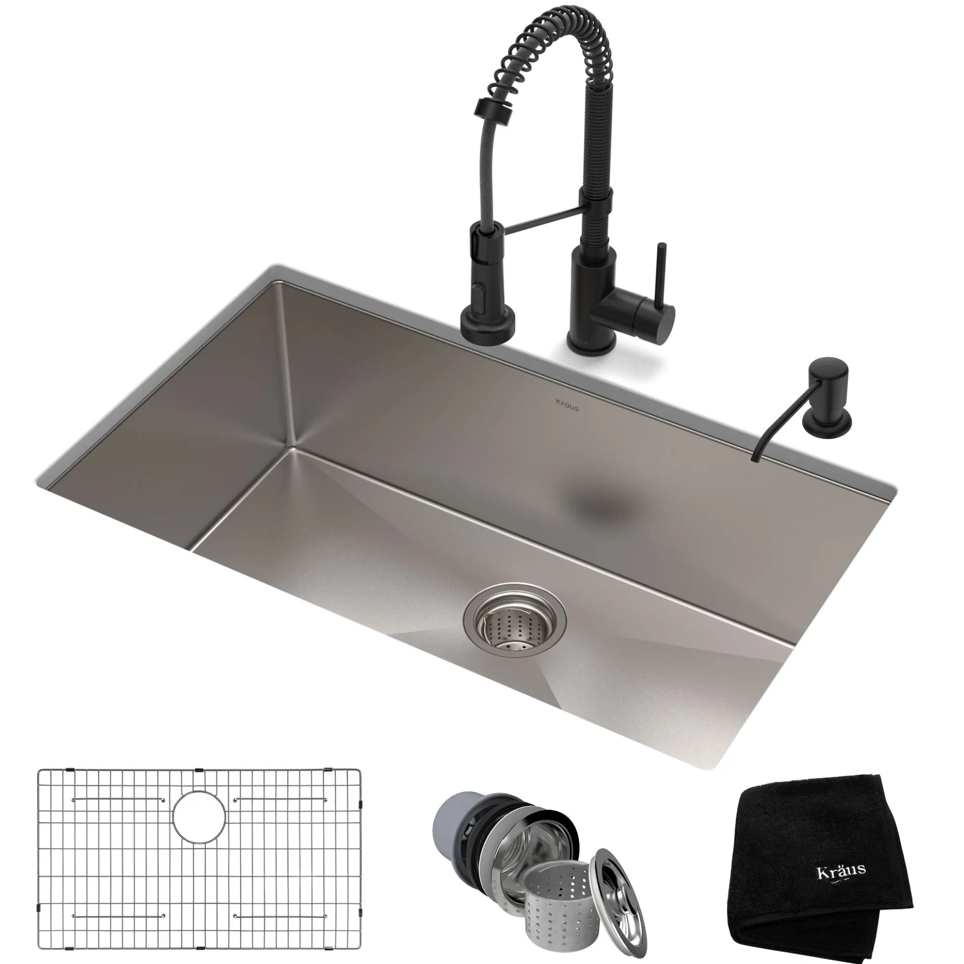 30" Undermount Kitchen Sink w/ Bolden Commercial Pull-Down Faucet and Soap Dispenser in Matte Black