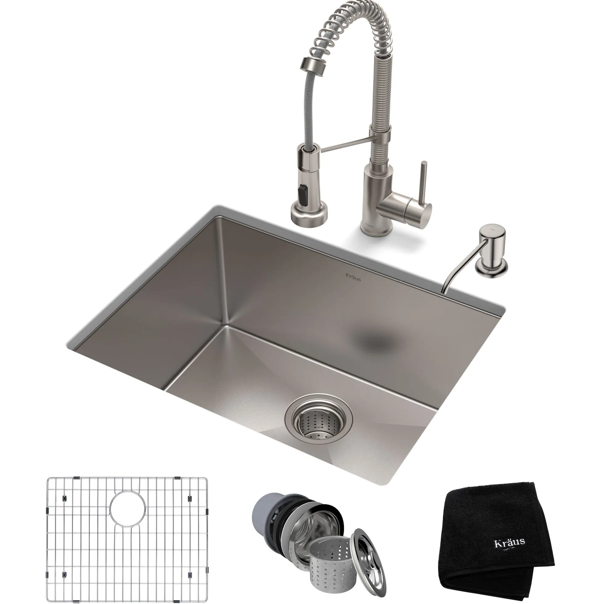 23" Undermount Kitchen Sink w/ Bolden Commercial Pull-Down Faucet and Soap Dispenser in Stainless Steel