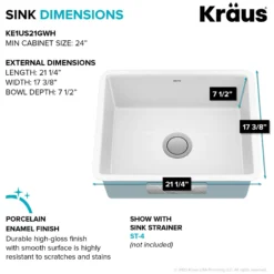 21” Undermount Porcelain Enameled Steel Single Bowl Kitchen Sink in White