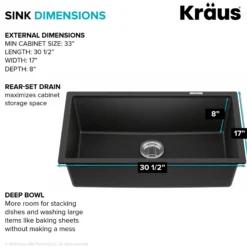 31” Undermount Single Bowl Granite Kitchen Sink in Black Onyx