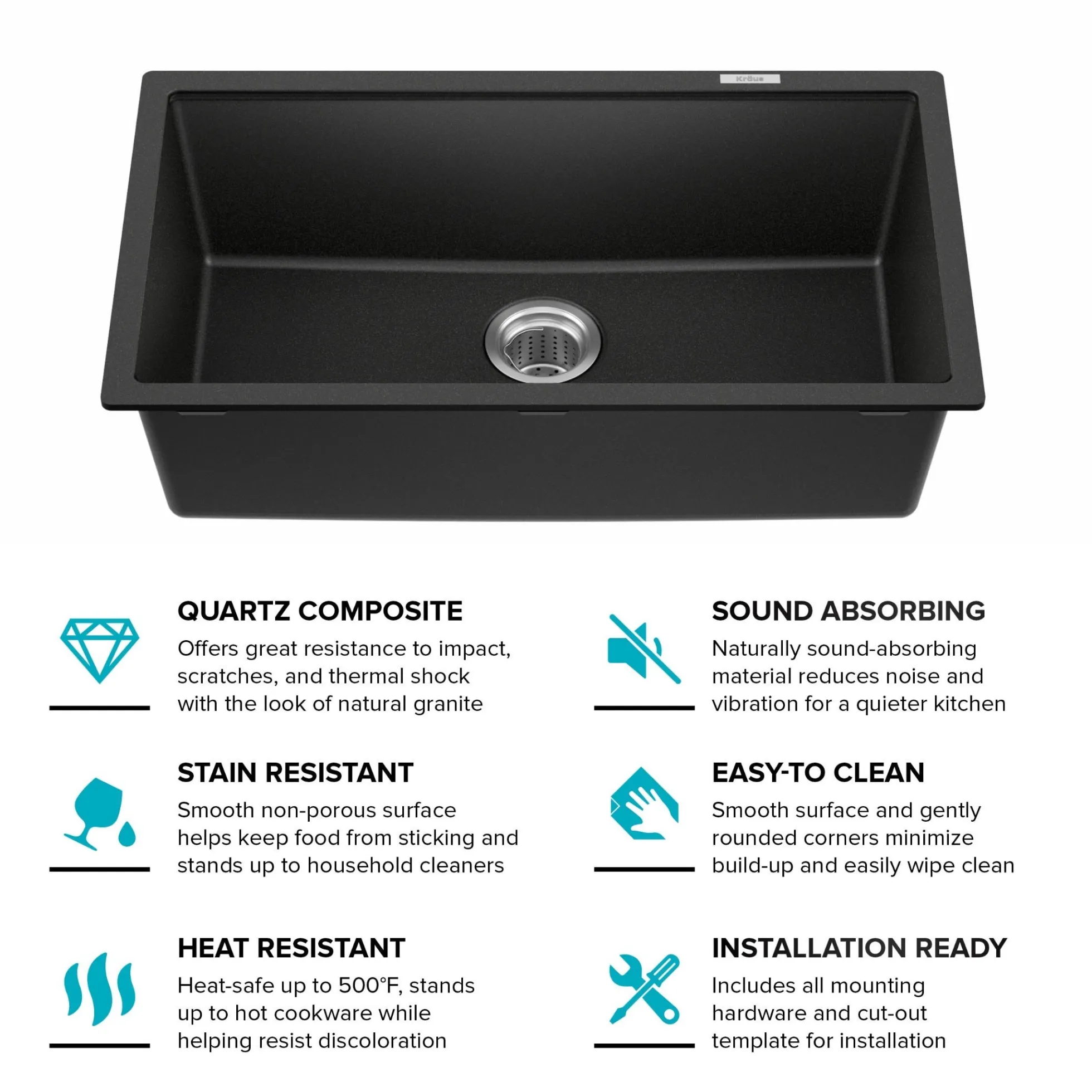 31” Undermount Single Bowl Granite Kitchen Sink in Black Onyx