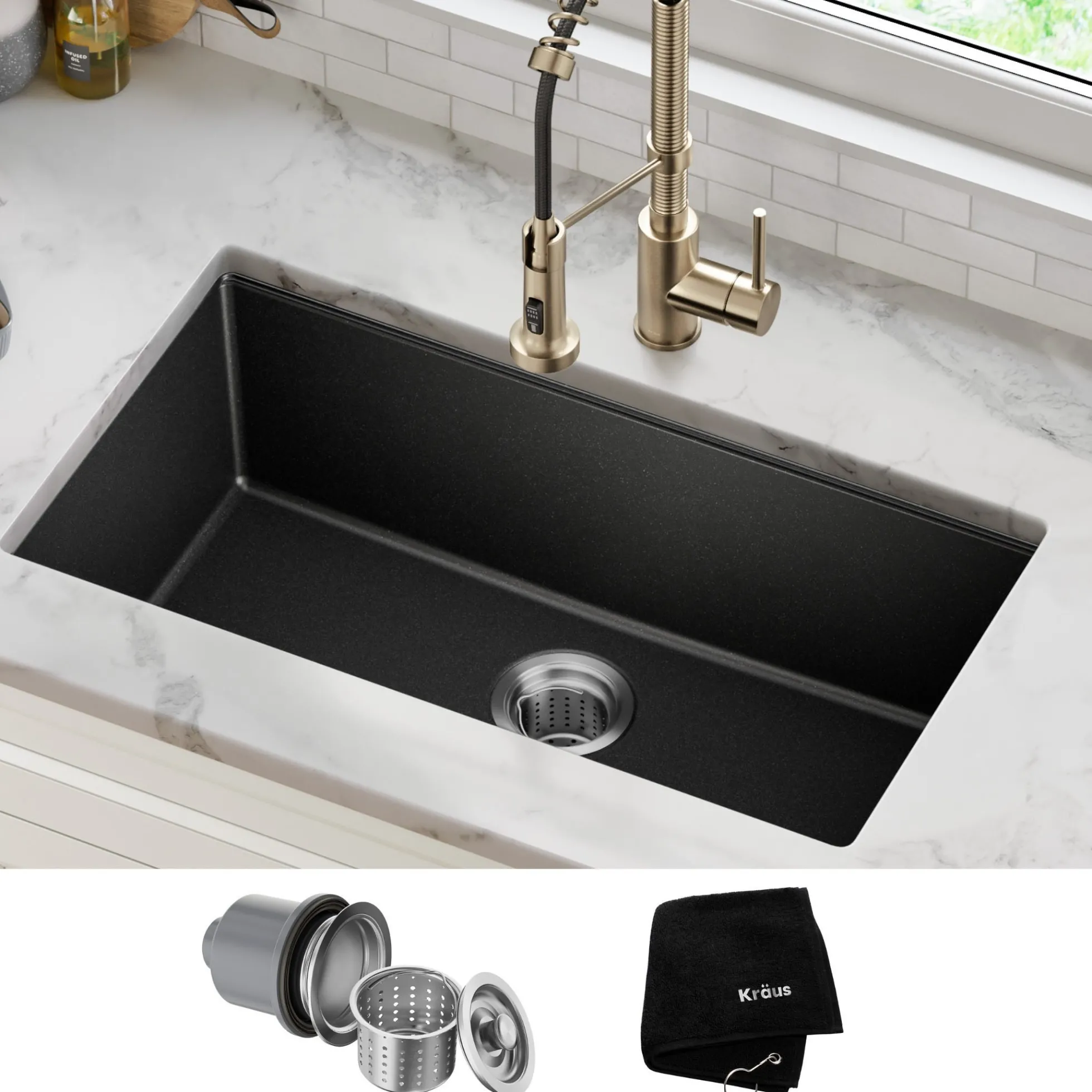 31” Undermount Single Bowl Granite Kitchen Sink in Black Onyx