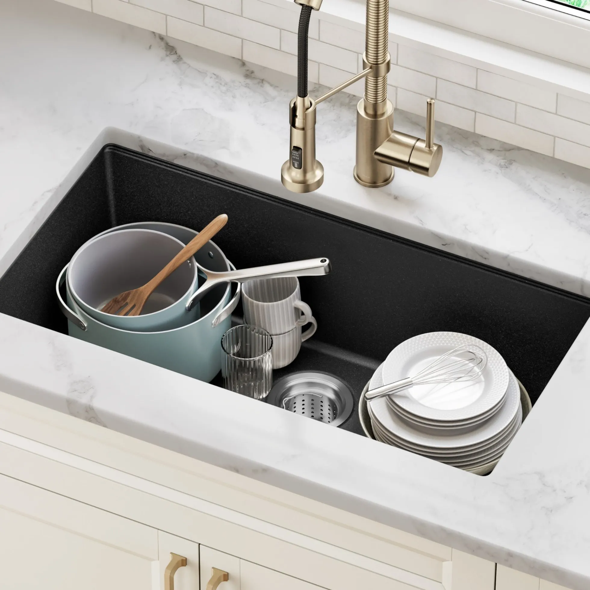31” Undermount Single Bowl Granite Kitchen Sink in Black Onyx