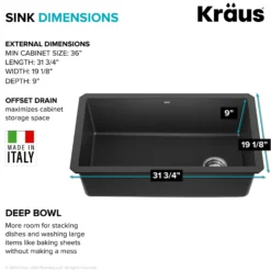 32” Undermount Single Bowl Granite Kitchen Sink in Black