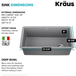 32” Undermount Single Bowl Granite Kitchen Sink in Grey