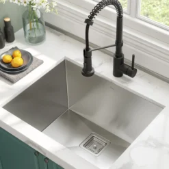 24" Undermount Utility Sink w/ Bolden Commercial Pull-Down Faucet and Soap Dispenser in Matte Black