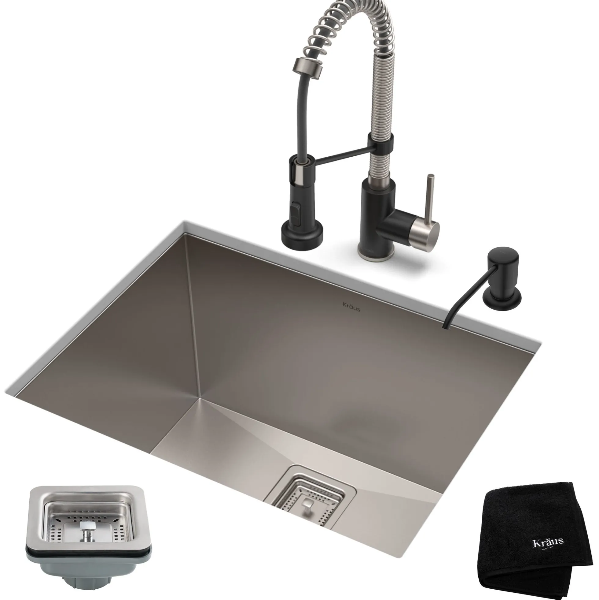 24" Undermount Utility Sink w/ Bolden Commercial Pull-Down Faucet and Soap Dispenser in Stainless Steel/Matte Black