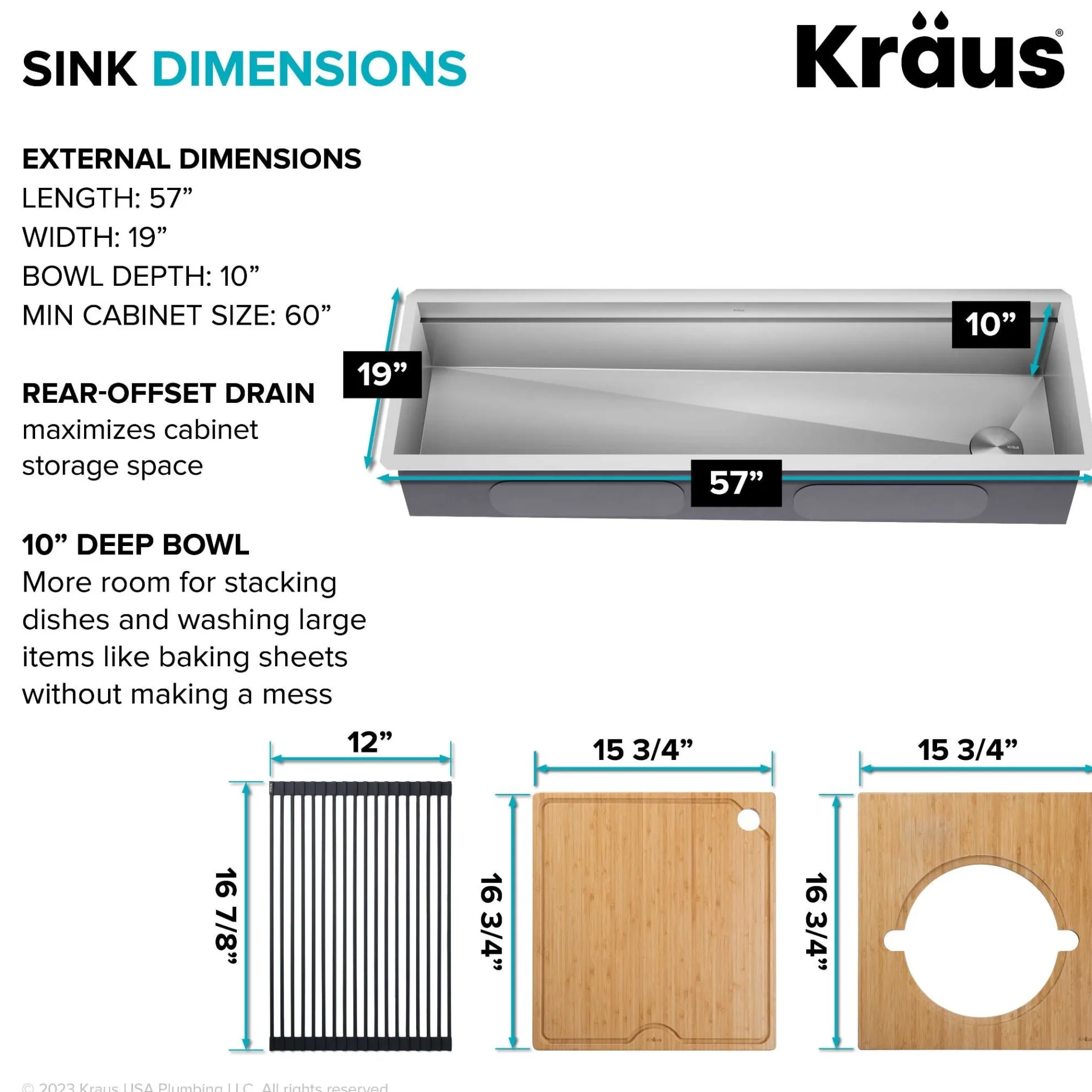 57" Undermount Workstation 16 Gauge Single Bowl Stainless Steel Kitchen Sink with 10 Accessories