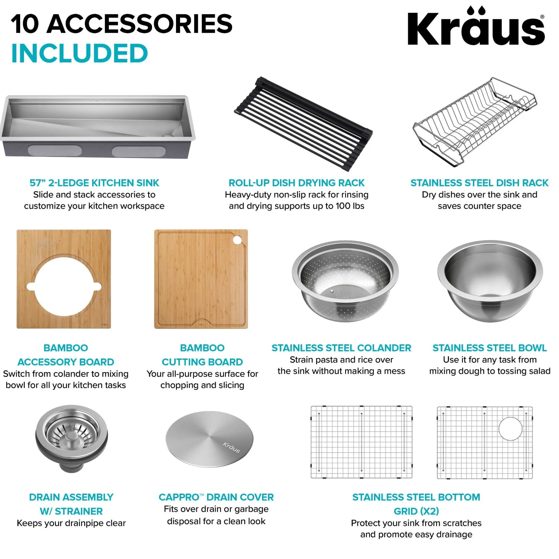 57" Undermount Workstation 16 Gauge Single Bowl Stainless Steel Kitchen Sink with 10 Accessories