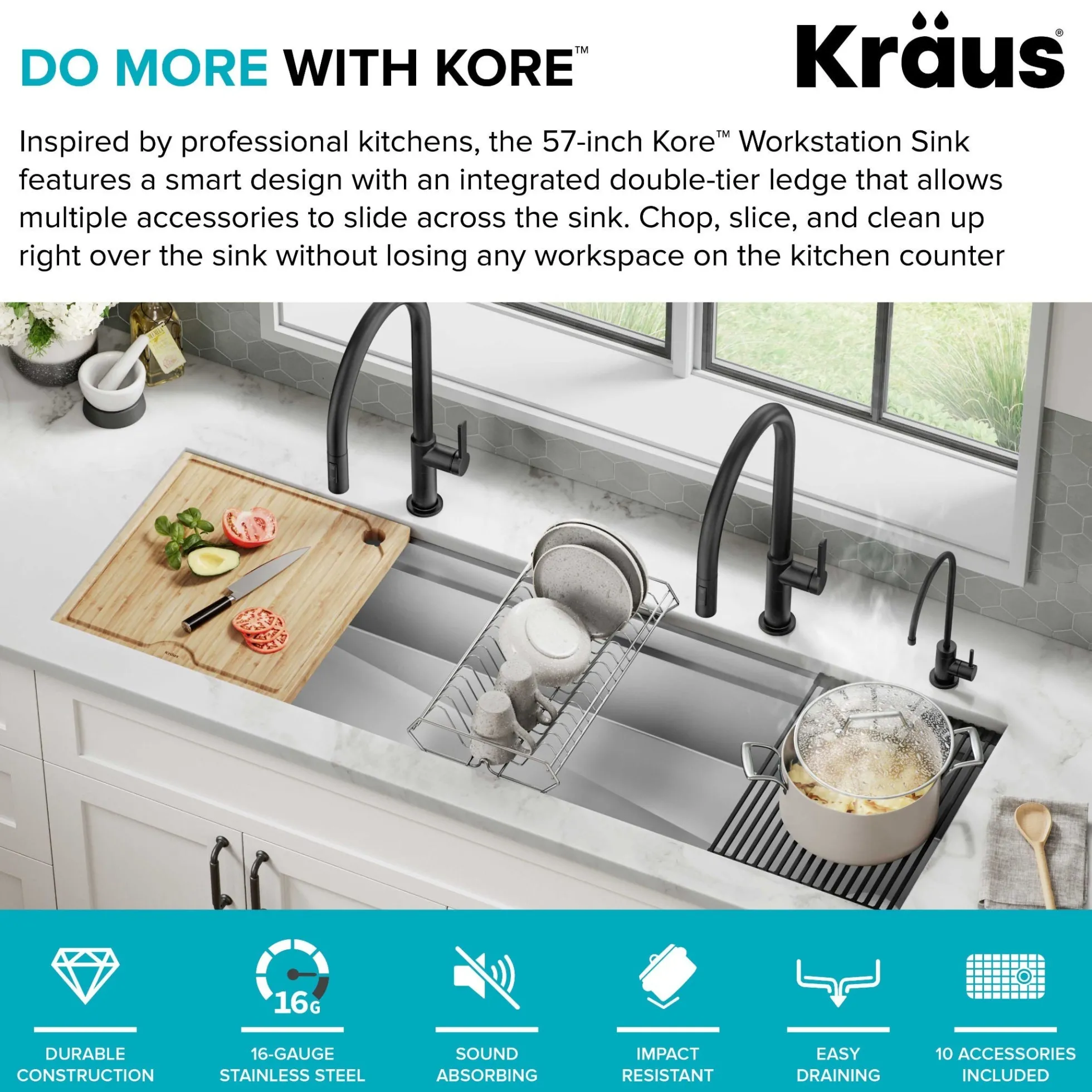 57" Undermount Workstation 16 Gauge Single Bowl Stainless Steel Kitchen Sink with 10 Accessories