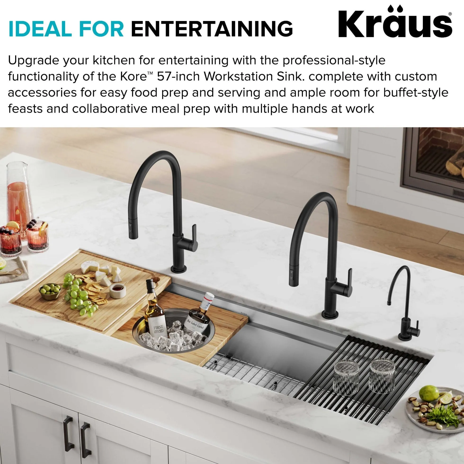 57" Undermount Workstation 16 Gauge Single Bowl Stainless Steel Kitchen Sink with 10 Accessories