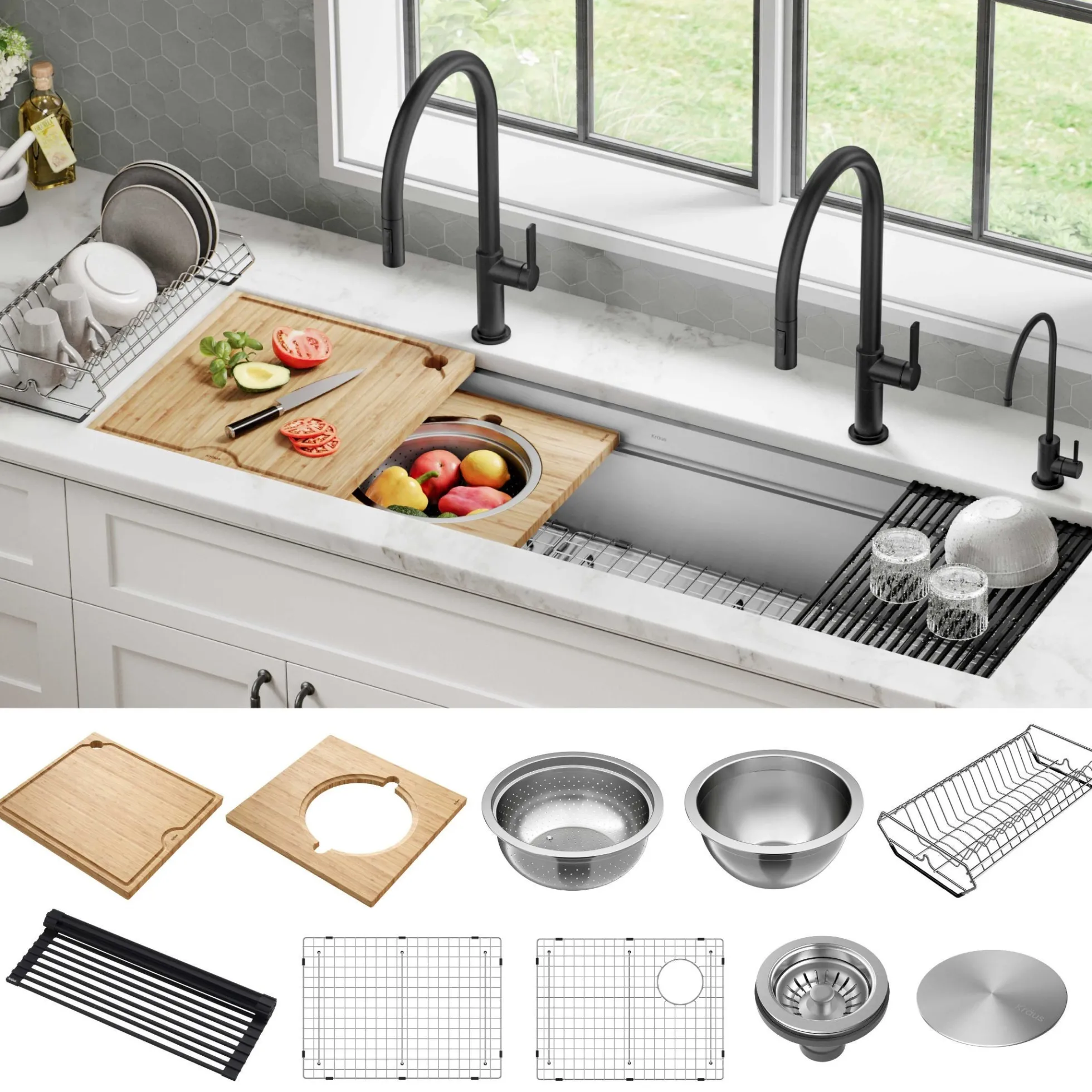 57" Undermount Workstation 16 Gauge Single Bowl Stainless Steel Kitchen Sink with 10 Accessories