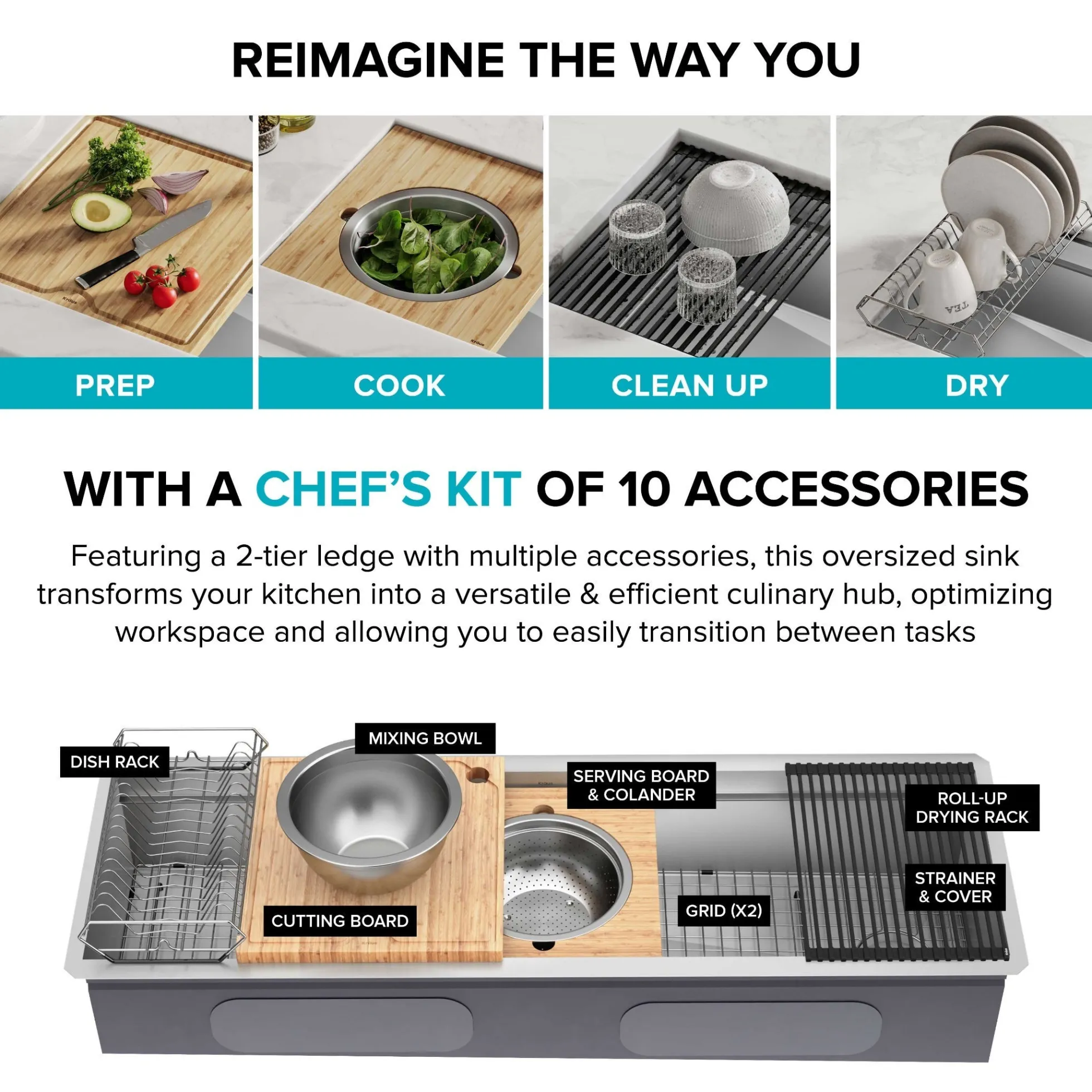 57" Undermount Workstation 16 Gauge Single Bowl Stainless Steel Kitchen Sink with 10 Accessories