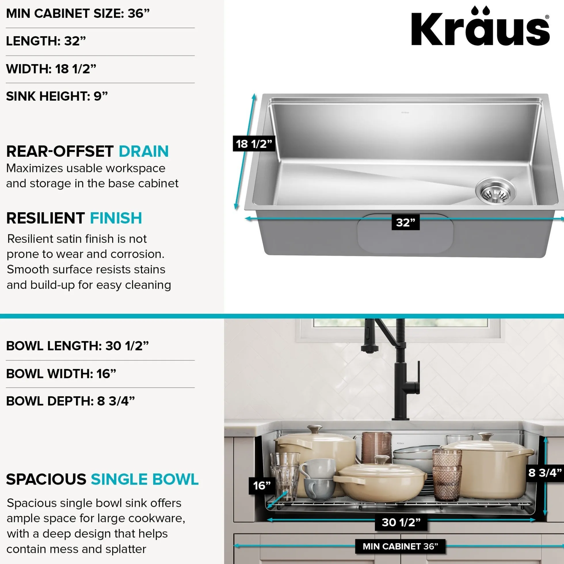32” Undermount WorkstationSingle Bowl18-GaugeStainless Steel Kitchen Sinkwith Accessories