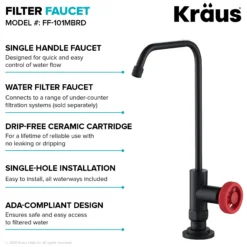 Urbix 100% Lead-Free Kitchen Water Filter Faucet in Matte Black/Red