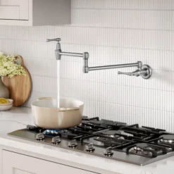 Wall Mount Pot Filler Kitchen Faucet with Retractable Arm in Spot-Free Stainless Steel