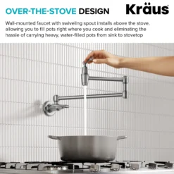 Wall Mount Pot Filler Kitchen Faucet with Retractable Arm in Spot-Free Stainless Steel