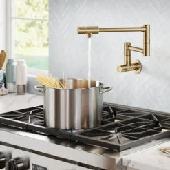 Wall Mount Pot Filler Kitchen Faucet with Retractable Arm in Spot-Free Brushed Brass