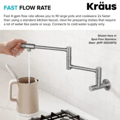 Wall Mount Pot Filler Kitchen Faucet with Retractable Arm in Spot-Free Brushed Brass