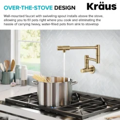 Wall Mount Pot Filler Kitchen Faucet with Retractable Arm in Spot-Free Brushed Brass