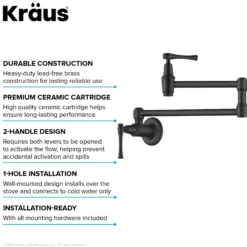 Wall Mount Pot Filler Kitchen Faucet with Retractable Arm in Matte Black