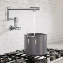 Wall Mount Pot Filler Kitchen Faucet with Retractable Arm in Spot-Free Stainless Steel