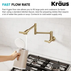 Wall Mount Pot Filler Kitchen Faucet with Retractable Arm in Spot-Free Brushed Brass