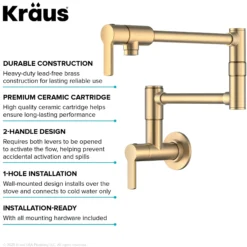 Wall Mount Pot Filler Kitchen Faucet with Retractable Arm in Spot-Free Brushed Brass