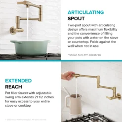 Wall Mount Pot Filler Kitchen Faucet with Retractable Arm in Spot-Free Antique Champagne Bronze