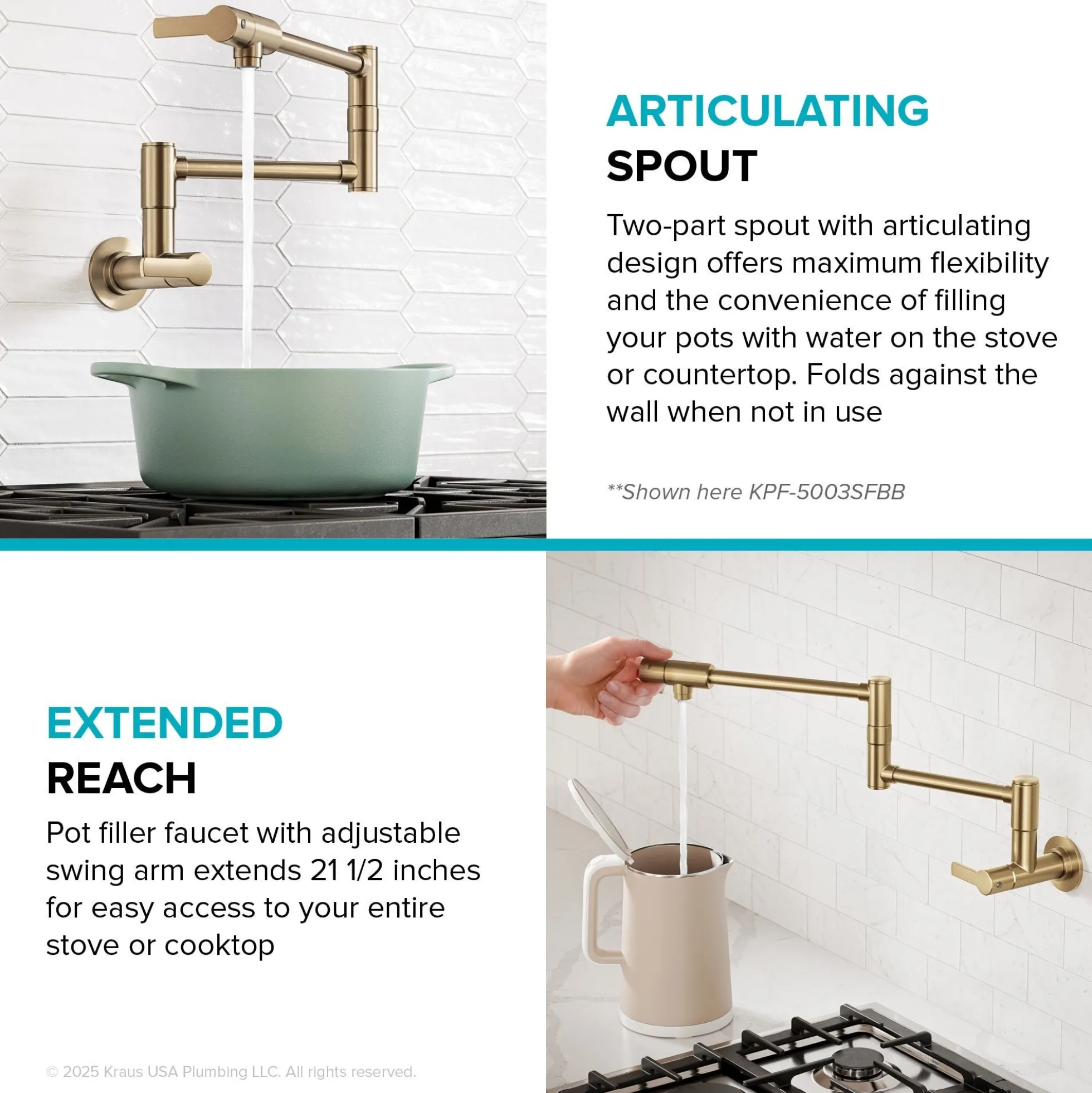 Wall Mount Pot Filler Kitchen Faucet with Retractable Arm in Spot-Free Antique Champagne Bronze