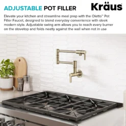 Wall Mount Pot Filler Kitchen Faucet with Retractable Arm in Spot-Free Antique Champagne Bronze