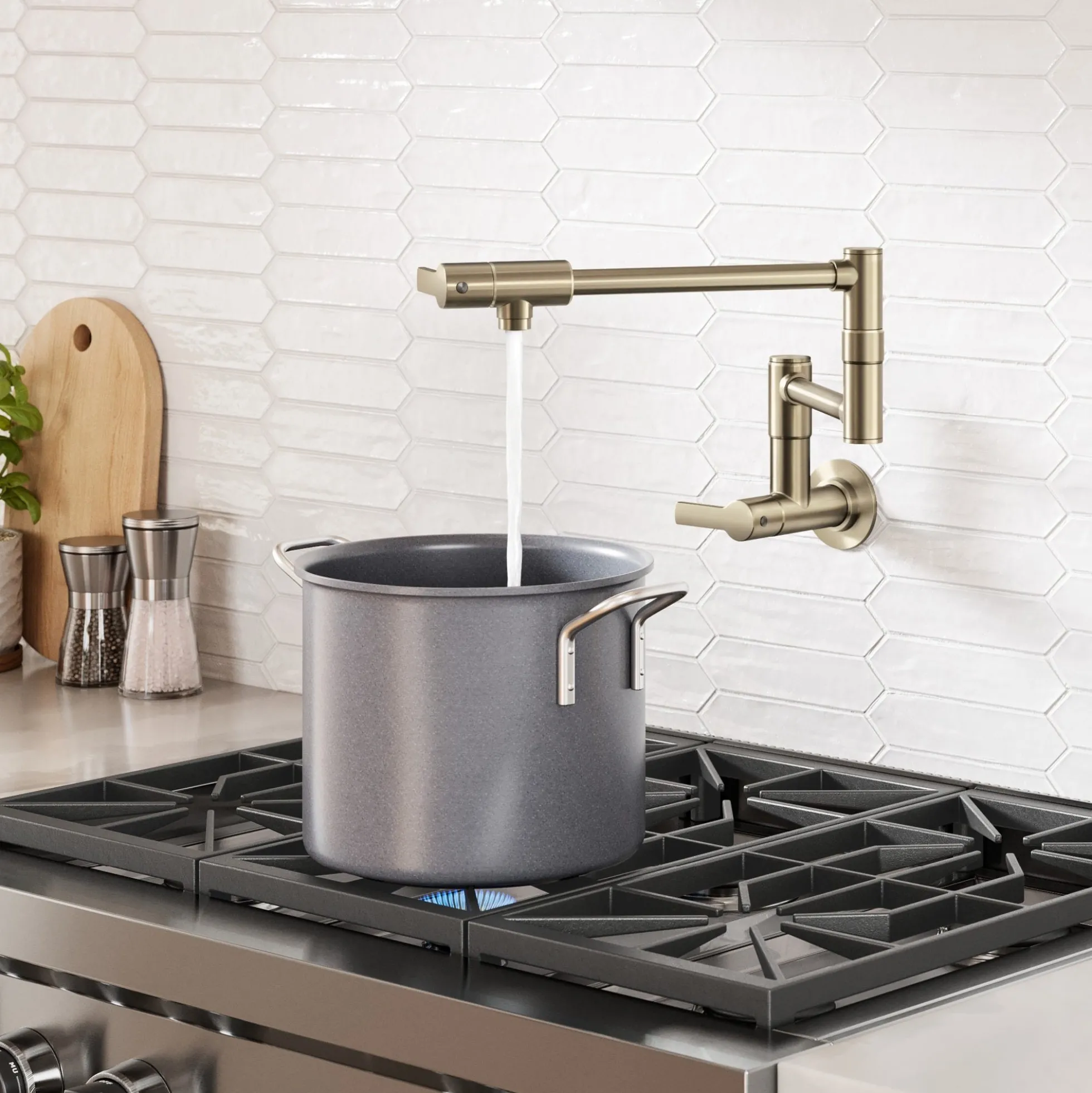 Wall Mount Pot Filler Kitchen Faucet with Retractable Arm in Spot-Free Antique Champagne Bronze