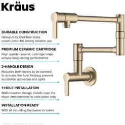 Wall Mount Pot Filler Kitchen Faucet with Retractable Arm in Spot-Free Antique Champagne Bronze