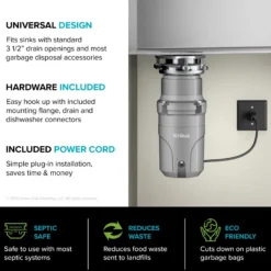 WasteGuard™ High-Speed 1/2 HP Continuous Feed Ultra-Quiet Motor Garbage Disposal with Power Cord and Flange Included and Universal Mount