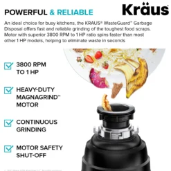 WasteGuard™ 1 HP Continuous Feed Garbage Disposal with Ultra-Quiet Motor for Kitchen Sinks with Power Cord and Flange Included