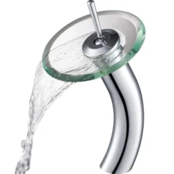 Waterfall Bathroom Faucet with Clear Glass Disk in Chrome